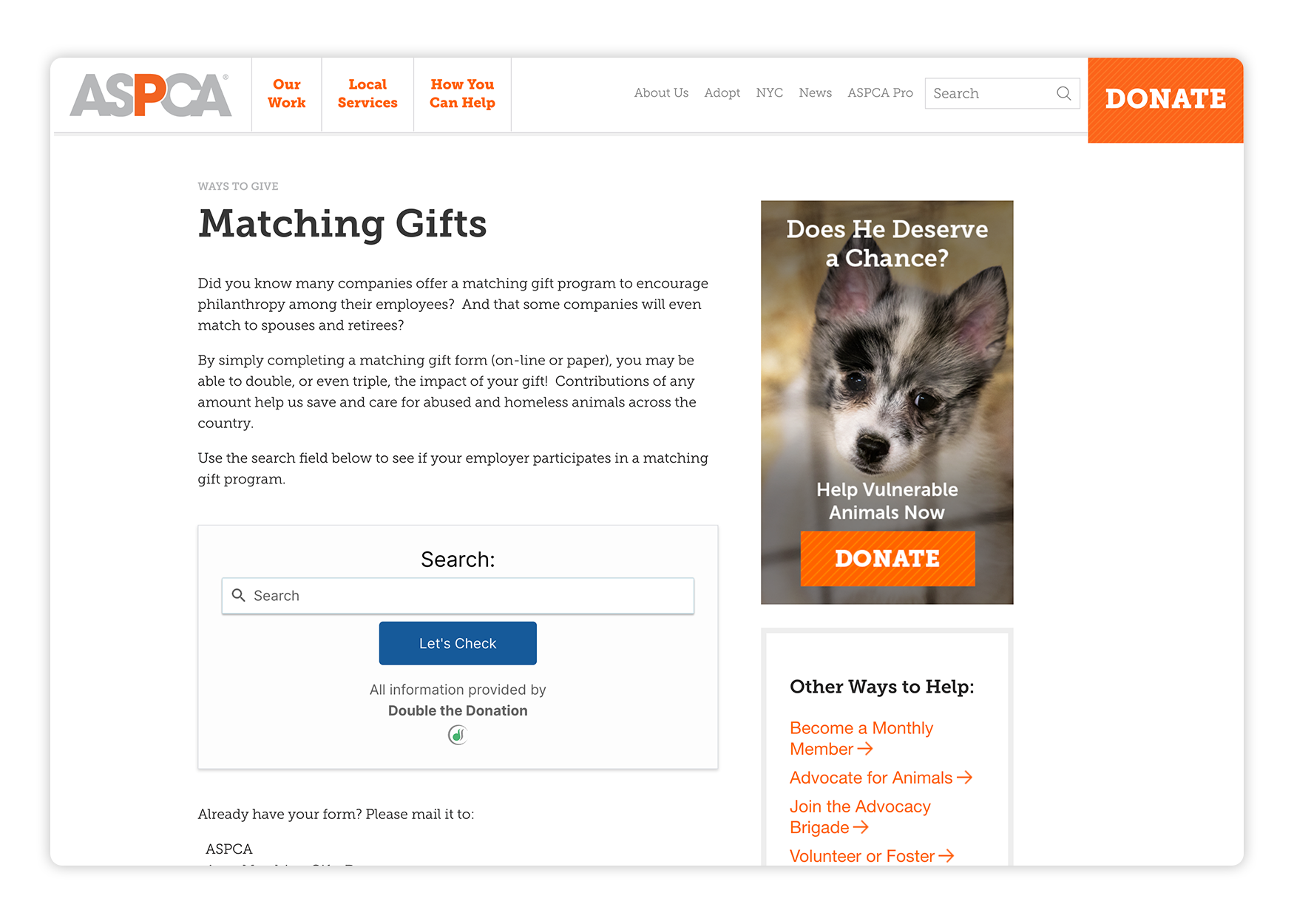 A screenshot of the ASPCA’s matching gifts page, which demonstrates how the organization uses this nonprofit page builder to earn more revenue.