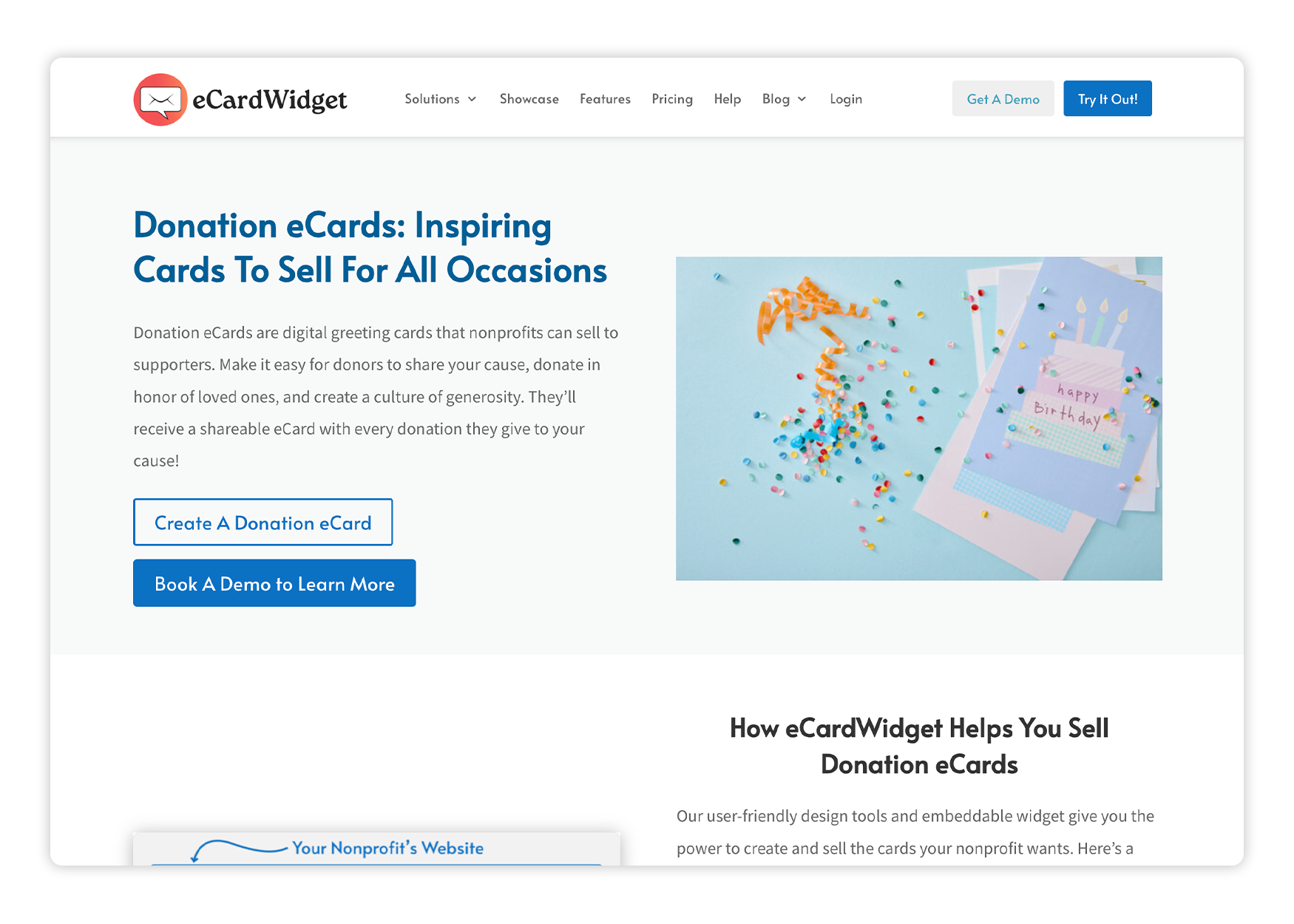 A screenshot of eCardWidget’s website, which describes how this nonprofit website software can help you build a stronger donor community.