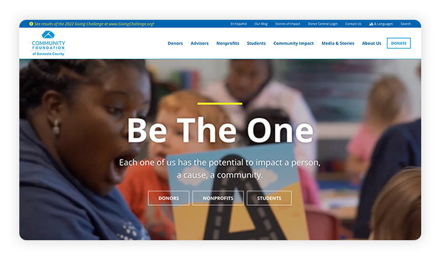 This is a screenshot of the Community Foundation of Sarasota County site, one of the best nonprofit websites.