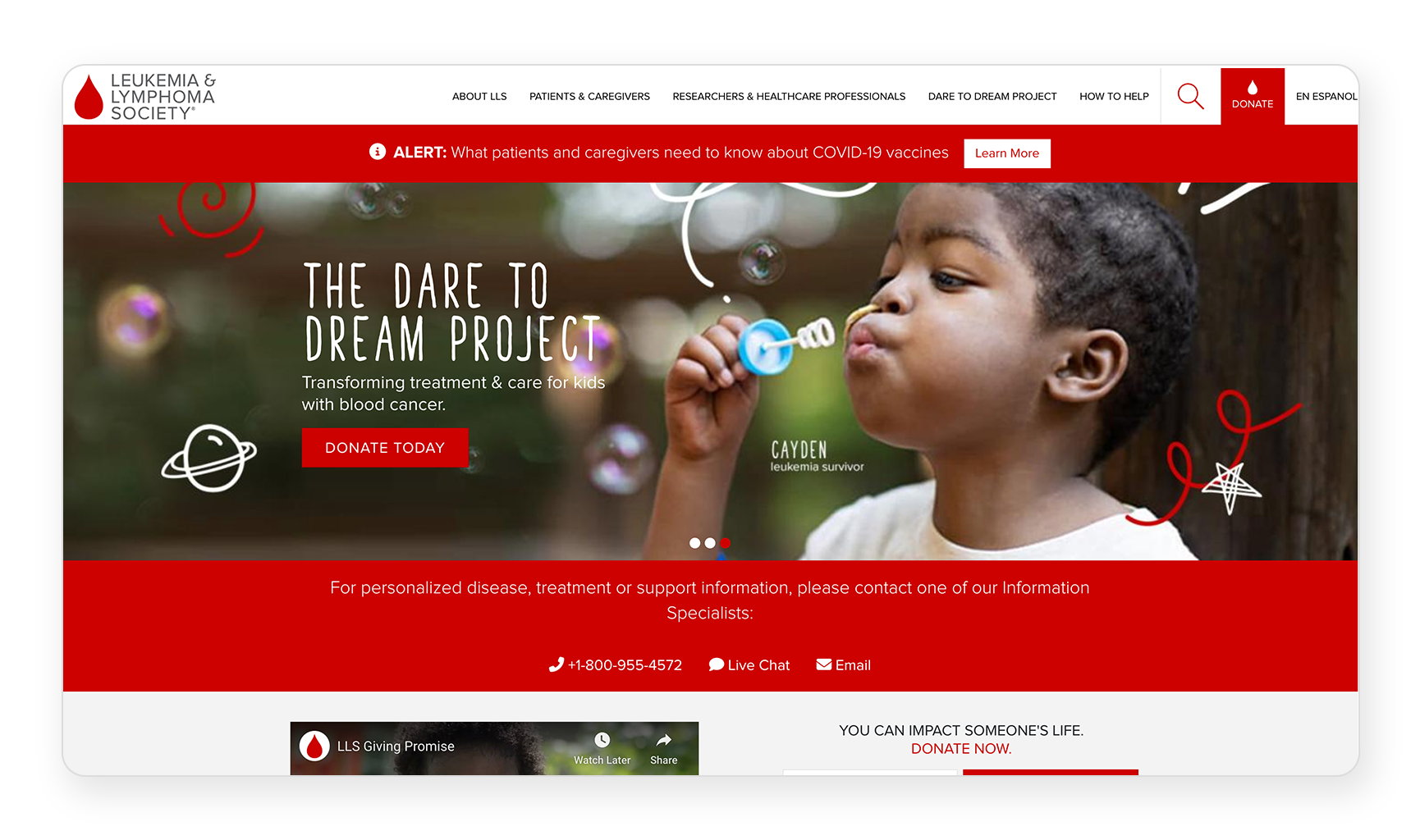 A screenshot of the homepage of one of the best nonprofit websites, created by the Leukemia & Lymphoma Society.