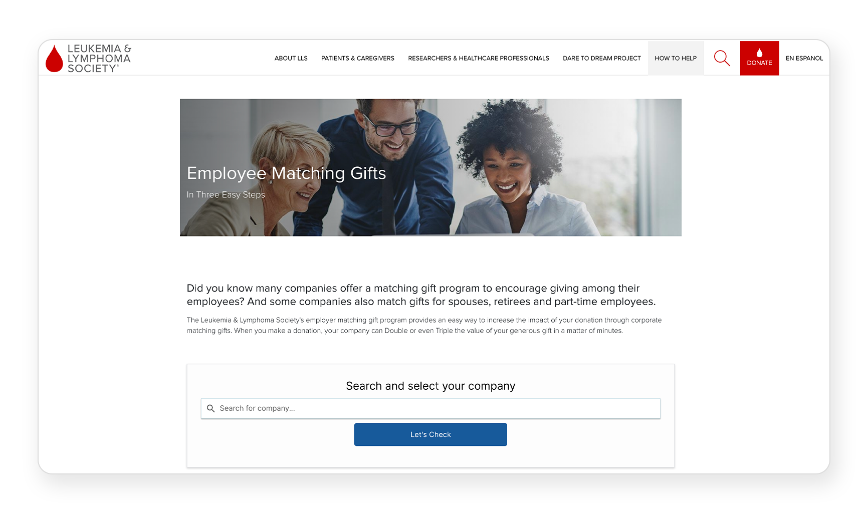 A screenshot of the LLS matching gift page, which demonstrates how this top nonprofit website uses a matching gift tool to raise more.