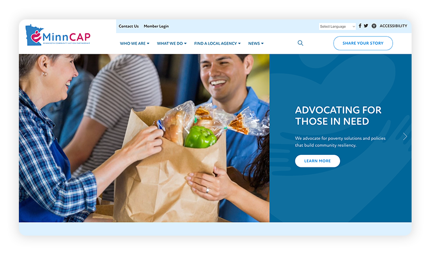 This is a screenshot of the MinnCAP site, one of the best nonprofit websites.