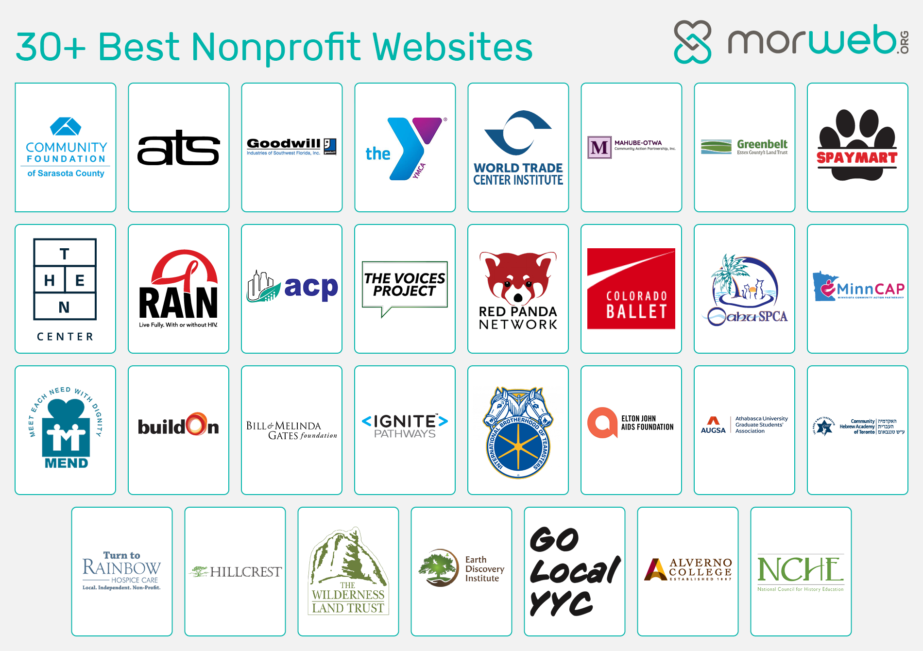 A collection of logos from the best nonprofit websites on the internet, featured in more detail throughout the sections below.